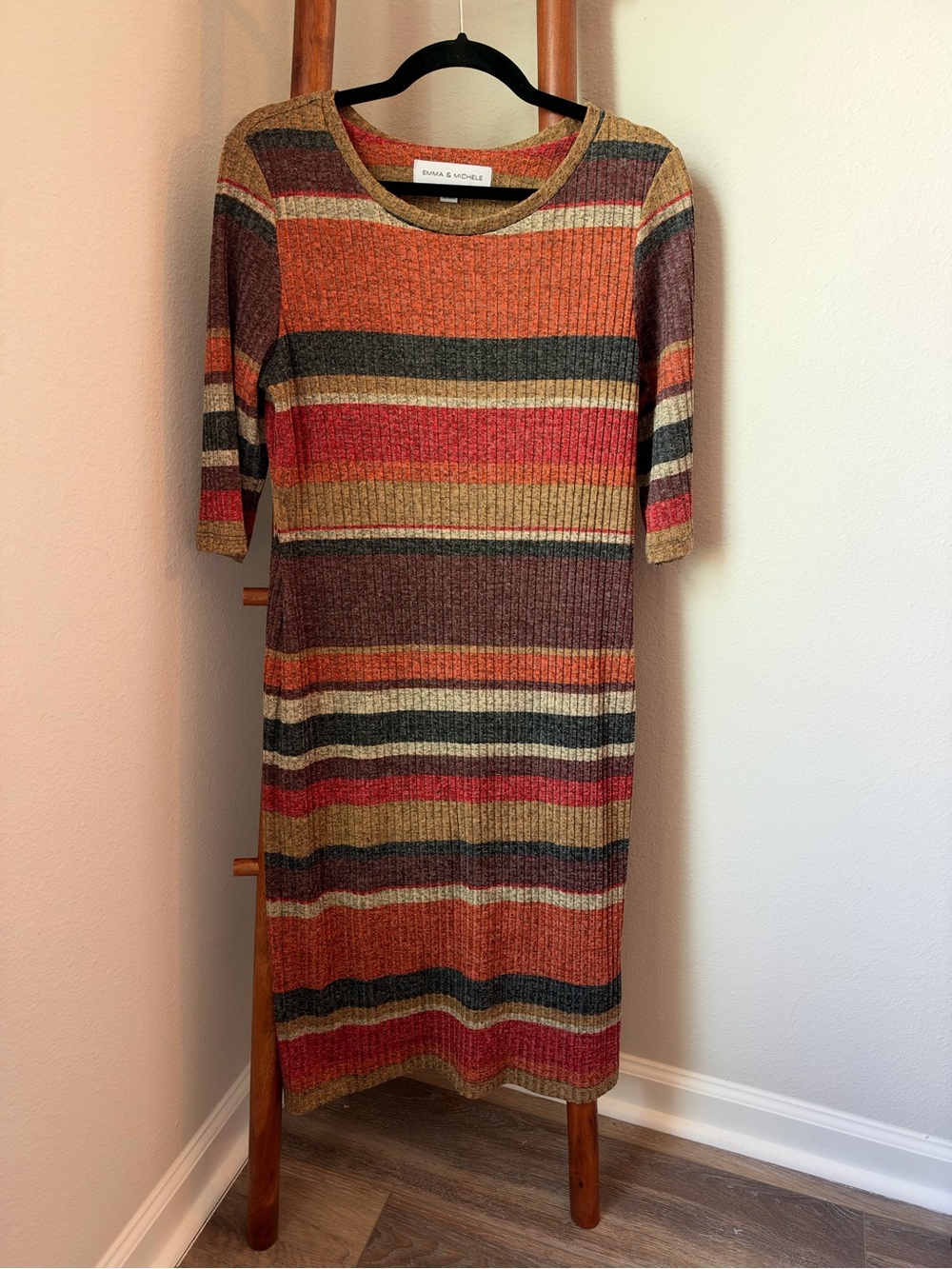 Emma & Michele Ribbed Striped Midi Dress in Rust, Olive, Burgundy